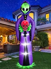 Anroog Halloween Inflatable Alien Holding Skeleton Halloween Blow Up Inflatable Yard Decorations with LED Lights for Yard, Garden, Lawn
