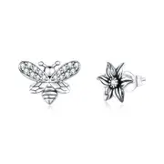 Flower & Bee Stud Earrings Silver plating Small Earrings for Women Retro Jewelry
