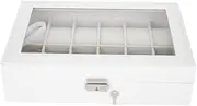 SOULONG Watch Box 12 Slot Case Real Glass Organizer Watch Case,Jewelry Storage, with Removable Pillow, White Synthetic Leather Display