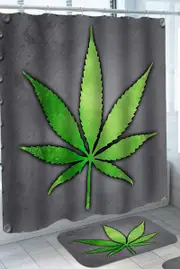 Green Weed Leaf over Grey Shower Curtain