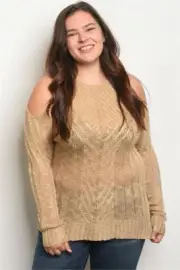 Womens Plus Size Khaki Cold Shoulder Knit Sweater 2X 3X