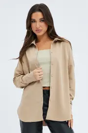 Camel Shirt Long Sleeve Collared Oversized Button Up - Size 14, Women's Shirt