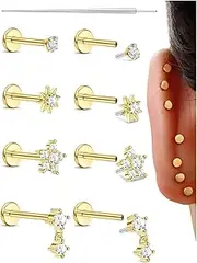 [Sanfenly] Threadless Flat Back Earrings Studs 316L Surgical Steel Push in Nose Studs Rings CZ Tragus Cartilage Helix Conch Labret Lip Nostril Medusa Piercing Jewelry Hypoallergenic 20G 18G 16G