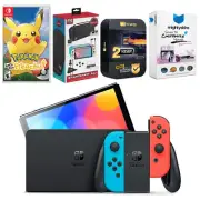 Nintendo Switch Neon Red/Blue OLED + Pokemon Let's Go, Pikachu! + Accessory Kit