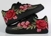 Nike Air Force 1 Custom Shoes Black Red Rose Floral Mens Kids Size 6.5y Womens 8