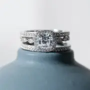 Milgrain Art Deco Bridal Set Cushion Cut 2.60 CZ Diamond Ring Stack Gift for Her
