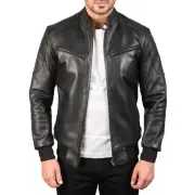 Sven Black Leather Bomber Jacket All Size Available
