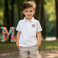 在飛比找蝦皮購物優惠-印花字母 M 男孩 Polo T 恤兒童男孩衣服白色 Pol