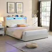 HOMFURN Double Queen King SIze Upholstered Bed Frame with 4 Storage Drawers，USB Charging Station and Led Lights, Beige