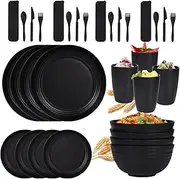 Wheat Straw Dinnerware Set, Service for 4, Unbreakable Modern Dish Set - Dinner Plate/Dessert Plate/Cereal Bowl/Cup, for Apartment Essentials、Kitchen Plates for Camping、Picninc、Family Dinner