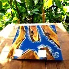 Blue Square Epoxy Resin Coffee Table Handmade Wooden Live Edge Console Bar Decor