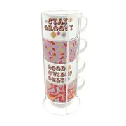 4pc Urban Retro Floral Stacked 300ml Ceramic Mugs w/ Metal Rack Coffee Drinkware