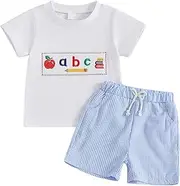 [Sasaerucure] Toddler Baby Boy Back To School Outfit First Day of School ABC Short Sleeve T-Shirt Plaid Shorts Set