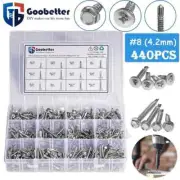 440pcs #8 Self-Drilling Screw Set, 410 Stainless Steel, Hex & Phillips Head Asso
