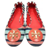 在飛比找Yahoo奇摩購物中心優惠-【TORY BURCH】立體金色LOGO多彩線條帆布平底娃娃