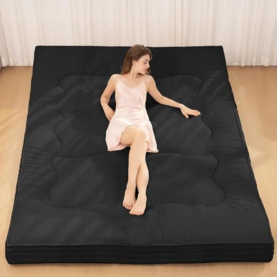 Japanese Floor Mattress 4" Thick Futon Queen Size Sleeping Pad Corduroy Foldable