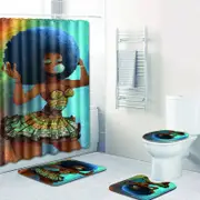Catzon 4 Pcs Set Creative Colorful Printing Toilet Pad Cover Bath Mat Shower Curtain Set-9