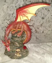 Red Fire Dragon Figurine Mythical Fantasy w/ Skull & Magical Red Crystal Ball
