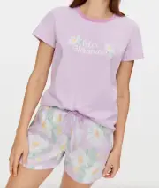 NEW PETER ALEXANDER DAISY FLORAL TEE TOP + SHORTS PJ SET LILAC LARGE L RP$109.90