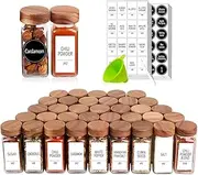 24Pcs Spice Jars,Glass Spice Jars with Labels,120 ML Square Spice Containers with Acacia Wood Lids,Kitchen Spice Jars With Shaker Lids for Spice Rack, Cabinet or Drawer