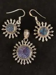 925 Sterling Silver Blue Titanium Druze Gemstone Pendant Earrings Set