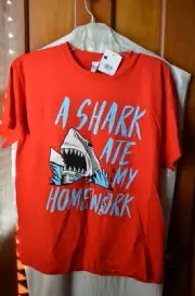 A SHARK ATE MY HOMEWORK RED T-SHIRT/NWT/XL/YOUTH