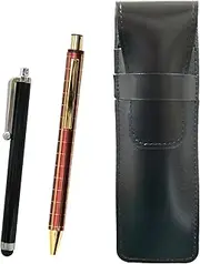 Slim Cowhide Leather Pen Case Black Stylus Pen and NQ30K Wide Shaft Metal Straight Knock Double Anodized Lattice Ballpoint Pen Set Red T23-ASB708-NQ30KB-R