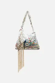 TRIANGULAR BEACH BAG W TASSELS PLUMES AND PARTERRES