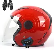 Motorcycle Open Face Helmet with Motorcycle Gloves for Men and Women Vintage 3/4 Scooter Helmet DOT/ECE Certified Lightweight Modular Half Helmet