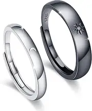 [AOVEAO] Sun and Moon Couple Rings 2pc 925 Sterling Sliver Engagement Couple Rings Adjustable Couple Matching Rings Engagement Wedding Band Set for Couples Him and Her Blake and White Promise Couple Ring