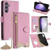 [Asuwish] Phone Case for Samsung Galaxy S23 FE 5G Wallet Cover with Tempered Glass Screen Protector and Mirror PU Leather Flip Cover Card Holder Slot Stand Crossbody Strap Cell S 23 EF S23FE 23S Pink