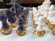 Chess Piece set - Violet Blue Luster and Ultra White w Gold Leaf Base, Stunning