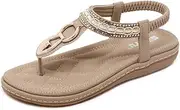 [DolphinBanana] Women's Bohemian Summer Fashion Flat Thong Sandals, Beige Open Toe Glitter Rhinestone Shiny Golden Metal Shoes for Girl Dressy Casual Jeans Daily Wear and Beach Vacation Match