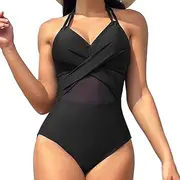 [Sangdut] Women's Mesh One-Piece Swimsuits with Cup Sexy V-Neck Backless Bikini Slimming Summer Swimwear