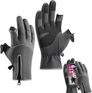 [HieoAnir] Winter Cycling Gloves, 2-Fingerless Touchscreen Ski Gloves, Non-Slip Cold Weather Gloves for Hiking, Fishing, Hunting, Windproof Running Gloves