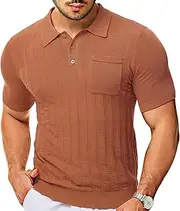 [Aosufei] Men's Short Sleeve Ribbed Fashion Polo Shirt Casual Lightweight Polo Tee Shirts Button Golf Summer Polo Shirts, Red7, Large