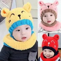 在飛比找PChome24h購物優惠-韓版毛絨笑臉眯眼貓咪兒童帽子+圍脖二件套