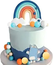 Blue Rainbow Cake Toppers, Qoadwem 15Pcs Blue Rainbow Cake Toppers With Blue Orange White Balls For Blue Dog Birthday Cake Decorations Baby Shower Party Supplies