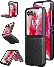 [Foluu] for Motorola Razr 50 Ultra Case, with Front Built-in Screen Protector, Ultra Thin Slim PU Leather + Hard PC Durable Protective Phone Cover for Motorola Razr 50 Ultra 2024 (Black)