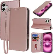 Cavor Wallet Case for iPhone 16 Plus Case 6.7'' PU Leather Magnetic Flip Folio Cover with Card Slots Kickstand Wristlet Hand Strap Protective Phone Cases for Women Man-Pink