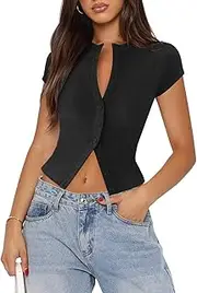 [Pungdra] Women's Button Down Shirt Cap Sleeve Tops for Women Button Up Ribbed Knit Slim Fit Casual Y2K Crop Going Out Top