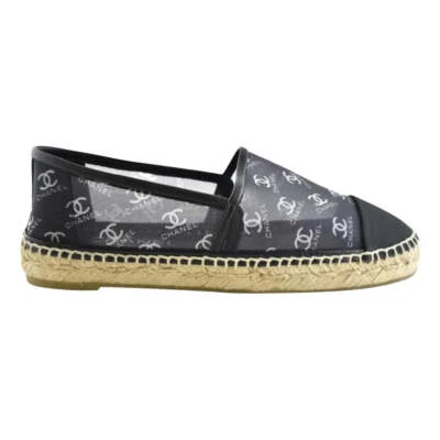 Chanel 19P Mesh Black White CC Logo Classic Double Sole Espadrille Flat 40