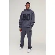 Mens Charcoal Oversized 90 Printed Football Tee Overlay Hooded Tracksuit