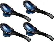 Boocalny 4 Set Asian Soup Spoon with Spoon Rest, Blue Japanese Soup Spoon, Ceramic Chinese Soup Spoons, Retro Porcelain Ramen Spoon, Spoons Rest For Kitchen Counter Stove Top Pho Wonton Dumpling Miso