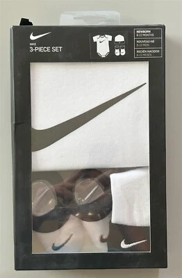 Nike Baby SS Bodysuit, Hat, Booties, 3 Pc Gift Box Set White Swoosh 6-12 M