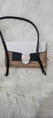 Anne Klein Wallet On Chain Black&gold, Cork & White Colorblock Pattern NWT