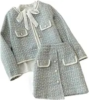 [JYHBHMZG] Autumn Winter Women Tweed Blazer Suit Skirts Set Chic Plaid Wool Long Lady Coat Jacket Mini Skirt 2-Piece Suits