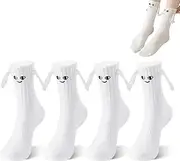 [AIYVELU] 2 Pairs of Magnetic Socks with Hand, Hand Pulling Socks with Magnetic Arm Funny Silly Women Men Friends Buddy Children (White Smiley Face)