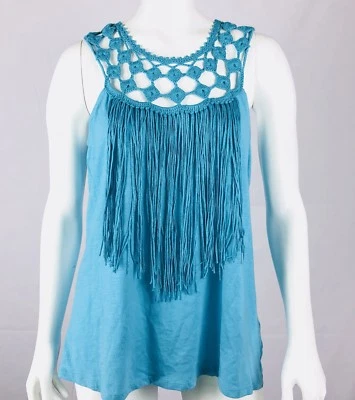Jessica Simpson Women's Top Size M Blue Curacao Crochet Tae Fringe