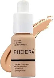 ABRUS® - PHOERA Soft Matte Full Coverage Foundation and Concealer, Poreless Liquid Foundation Makeup Flawless Cream Smooth Long Lasting 24HR Waterproof Blendable Foundation 30ml (104 Buff Beige)